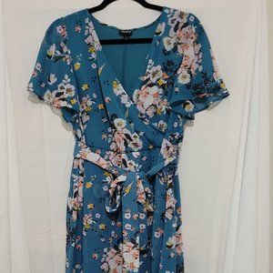 Teal Floral Chiffon Wrap Dress